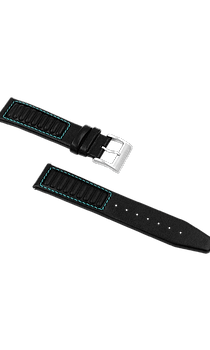356 Porsche watch with jet black leather strap and light grey & teal green accents.