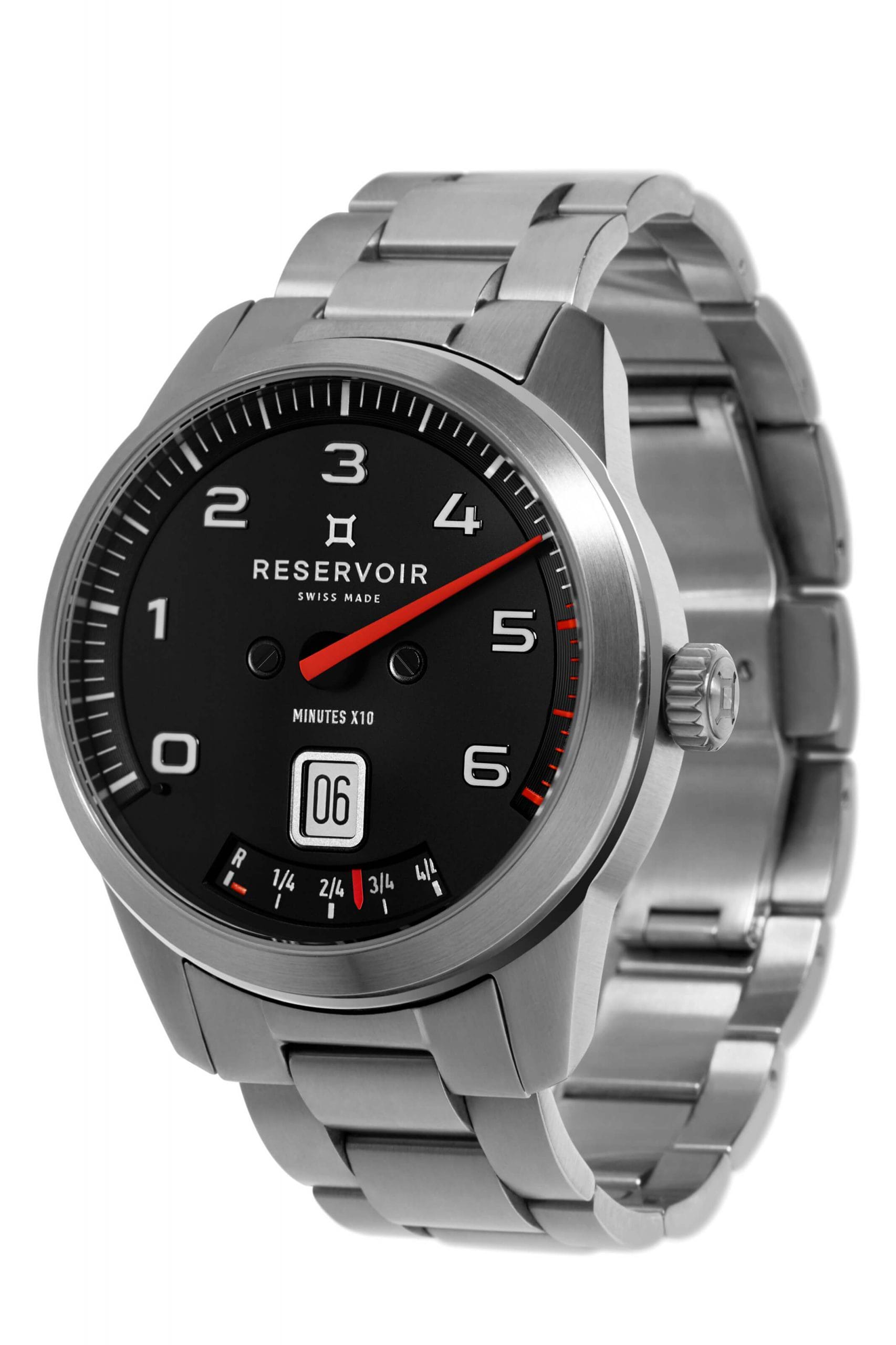 Media editorial of luxury RESERVOIR watch in medium grey, light grey, and off-white grey.