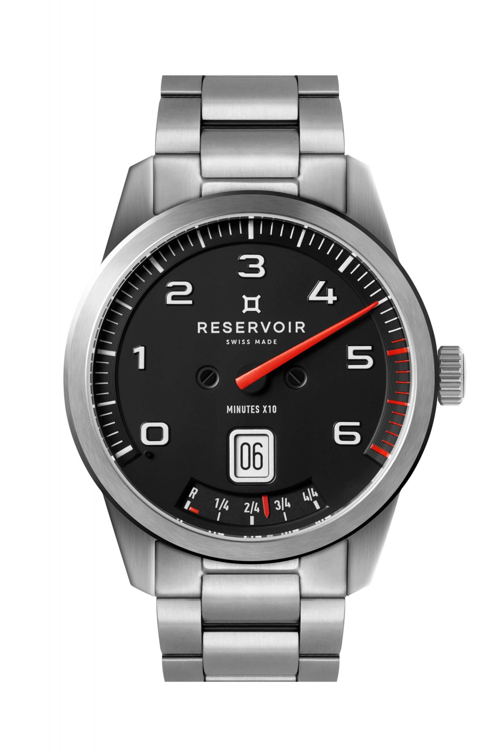 Media editorial of luxury RESERVOIR watch in dark charcoal, light grey and medium grey shades.