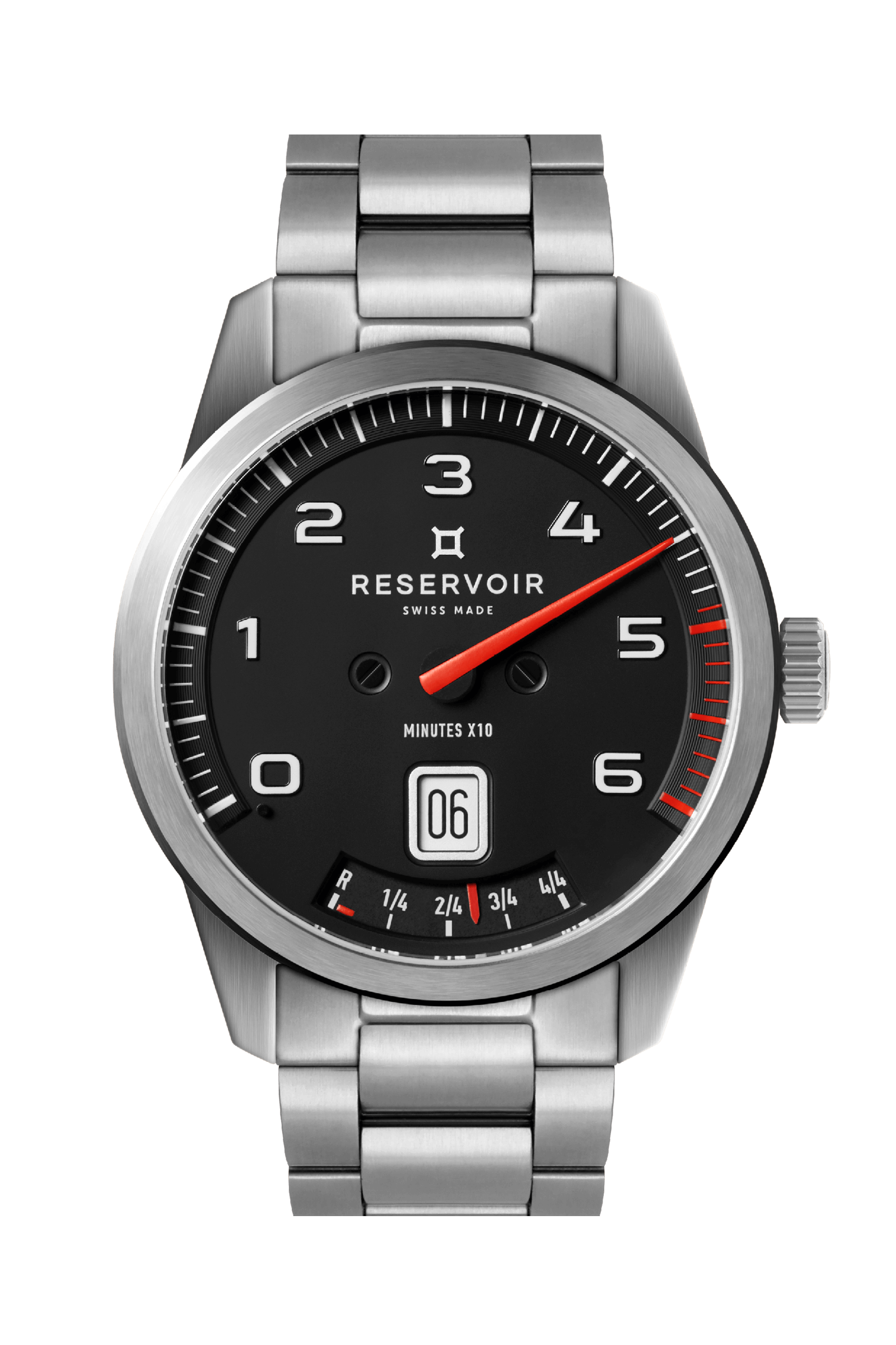 Media RESERVOIR watch en estilo editorial de lujo con colores negro azabache, gris claro y azul grisáceo oscuro.