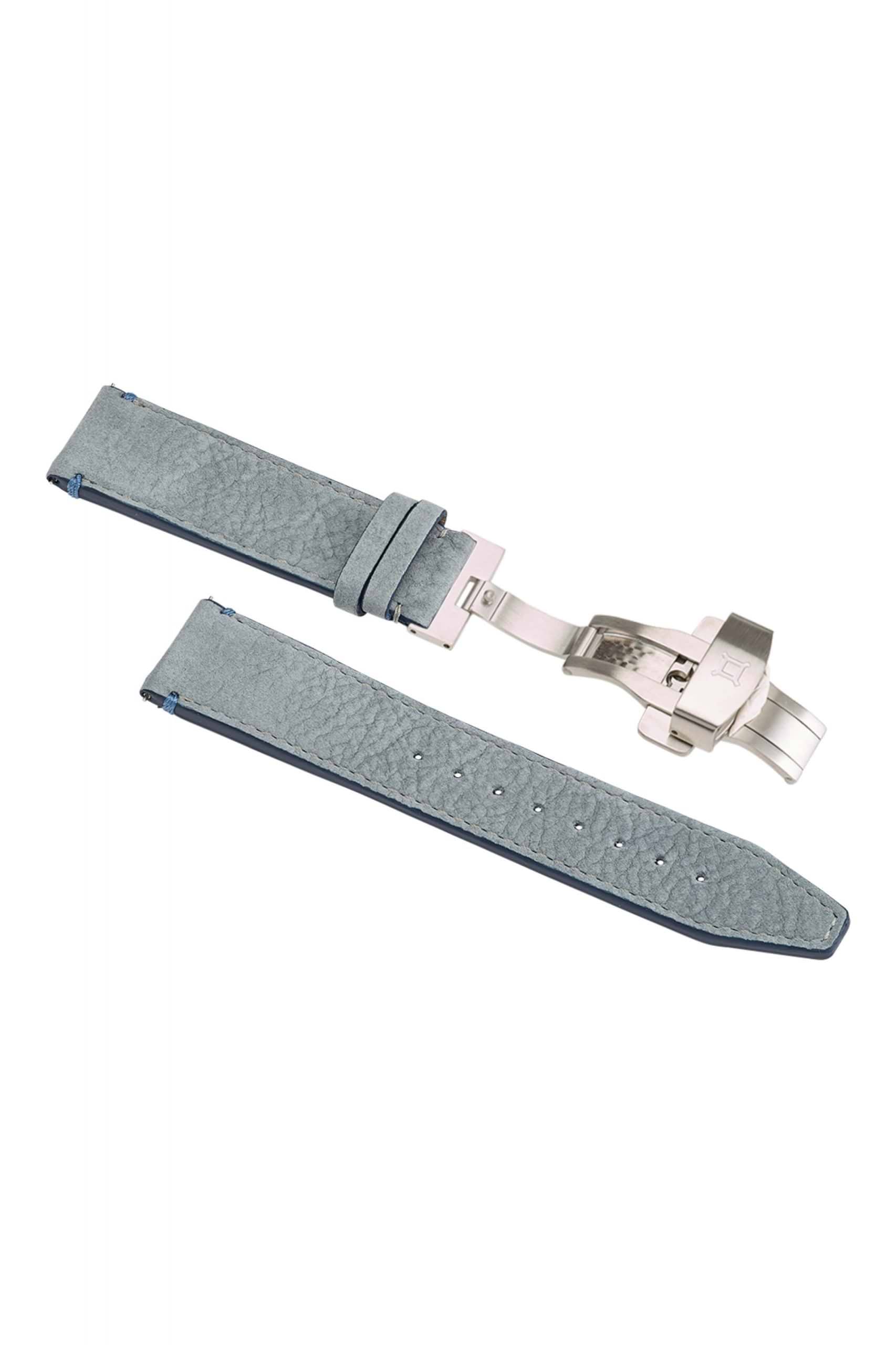Vintage Longbridge watch with light grey leather strap, dark navy blue and dark greyish purple accents.