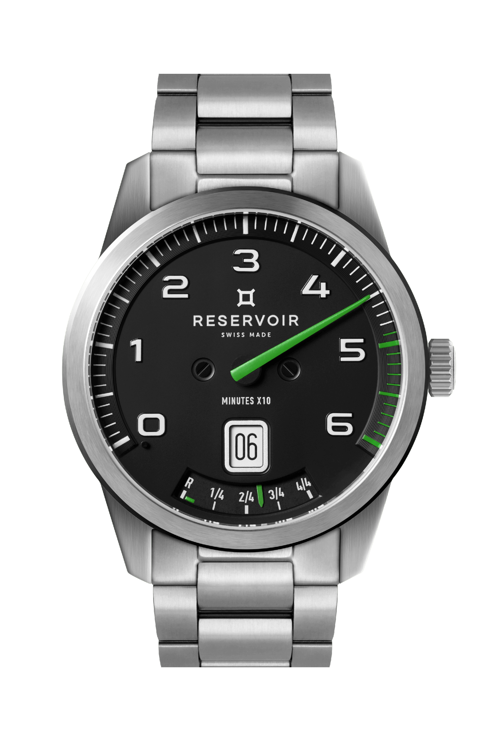 Media editorial de lujo RESERVOIR watch en negro, gris claro y verde oscuro.
