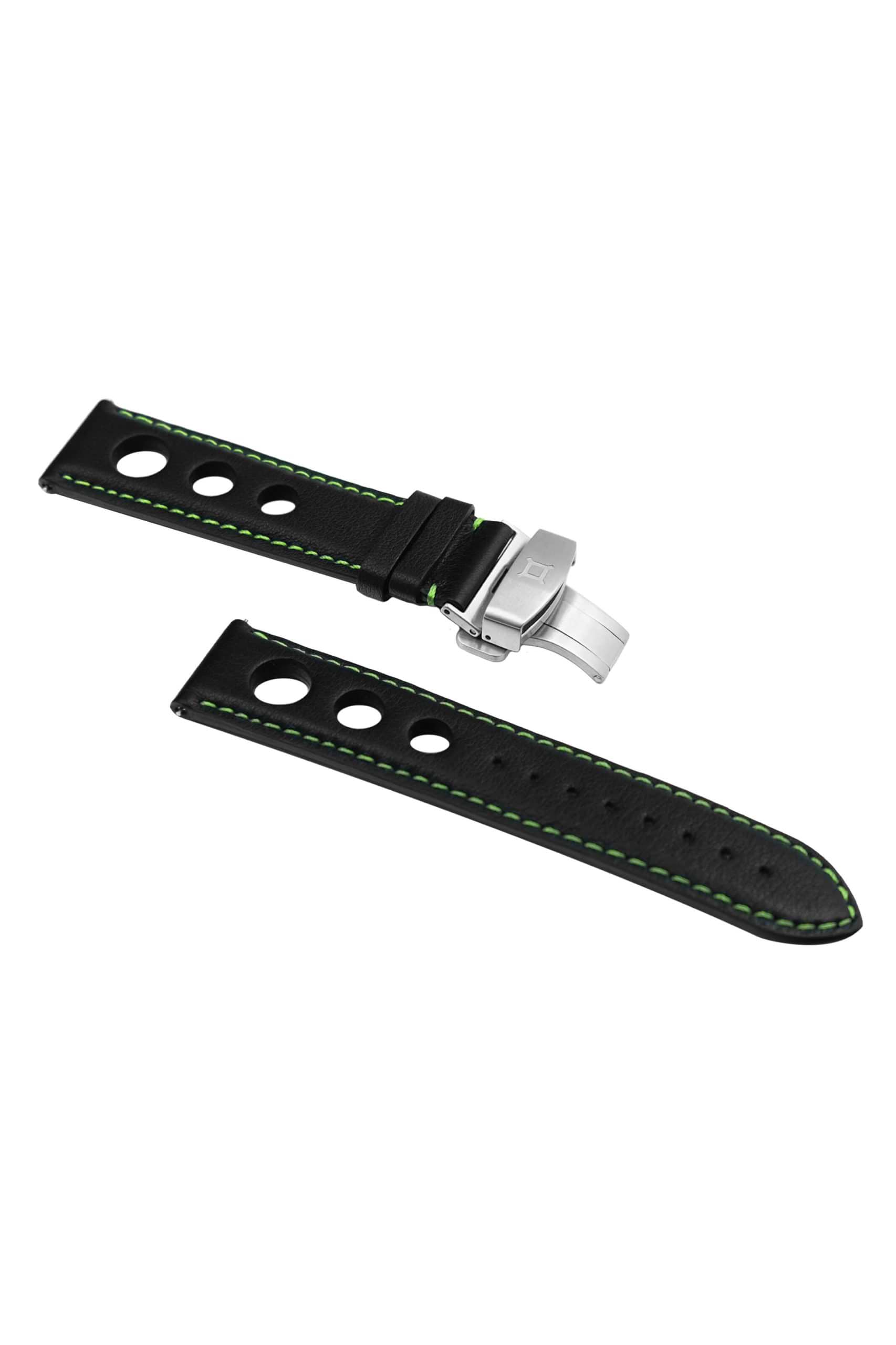 Dark olive green GT racing car with leather strap and light grey speedometer.