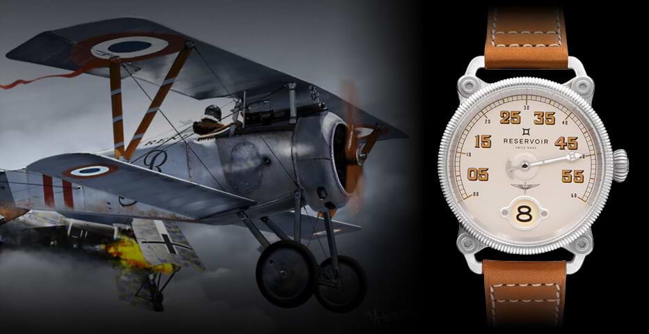 WW1 Pilot wearing black Grey Leather Biplane Watch with Light Pink and Light Grey-Blue Details