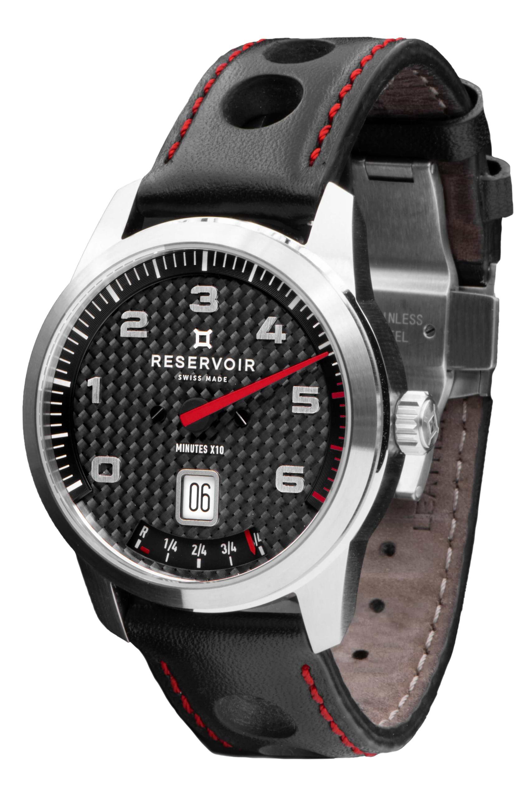 Media editorial of luxury RESERVOIR watch in dark charcoal, light grey, and medium grey shades.