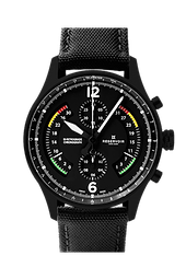 Black airfight watch with jet, light grey and light green chronograph details for pilots.