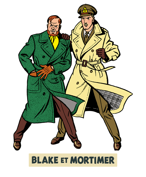 Dunkelschwarze, hellcremefarbene und dunkelolivgrüne Comics mit Blake und Mortimer.
