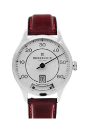 Luxury wristwatch with silver face, black hand, date, power indicator, red leather strap.