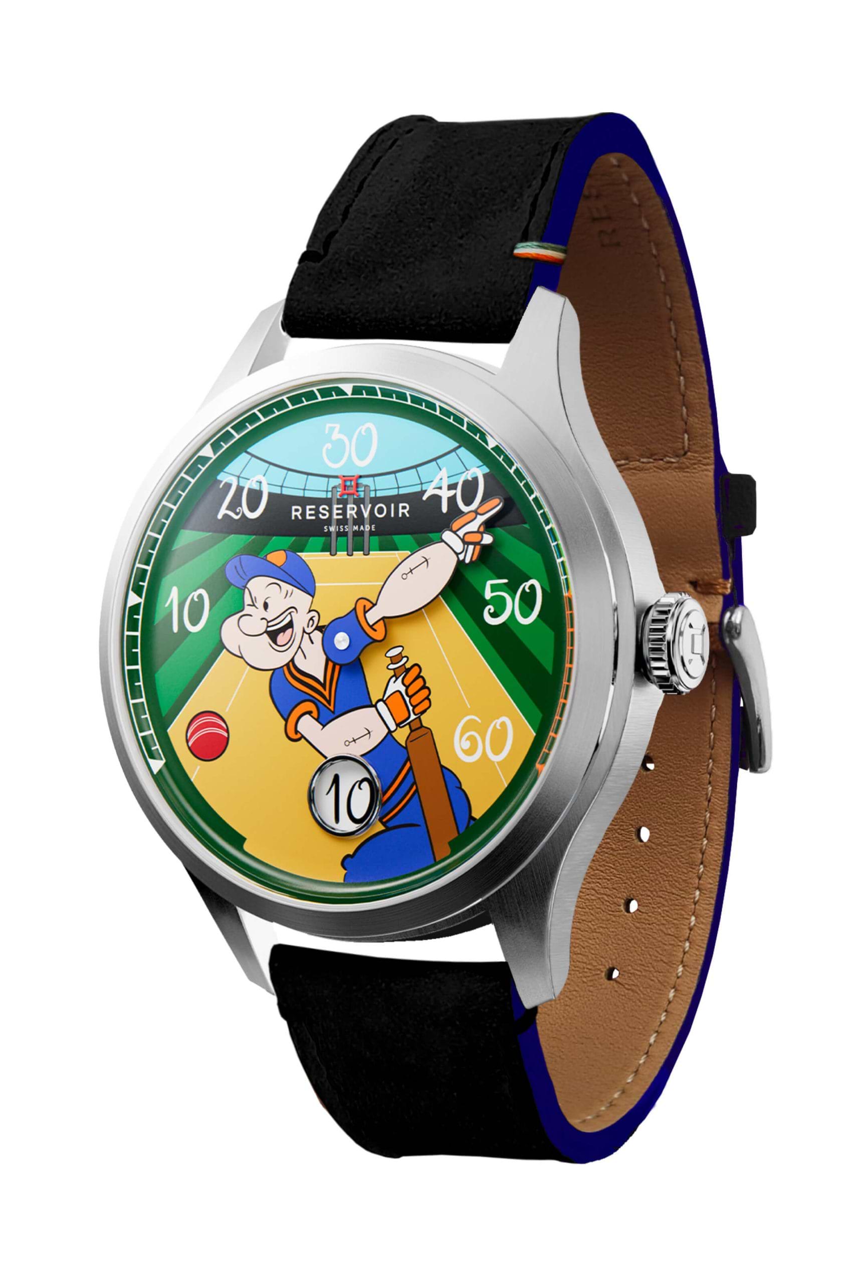 Popeye and Cricket from India, wearing a Dark Brown and Light Beige RESERVOIR watch, in a Light Teal comic panel.