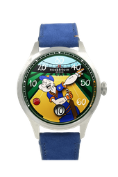 Wristwatch with a colorful cricket cartoon design, metal case, blue leather strap, "RESERVOIR SWISS MADE".
