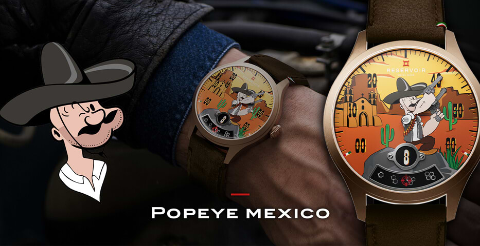 ダークブラウン、ライトピーチ、オリーブグリーンRESERVOIR watch をフィーチャーしたメキシコからのポパイのコミックシーン。