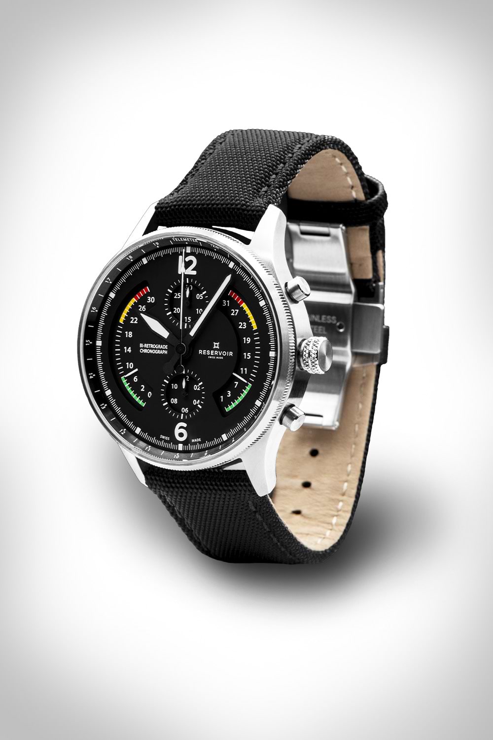 Wristwatch with black dial, stainless steel case, sub-dials, colorful accents, and black strap.
