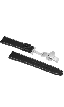 a black watch strap with white stitching