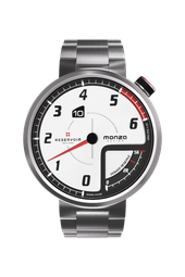 Stainless steel wristwatch with white dial, black numerals, date, and power reserve indicator.