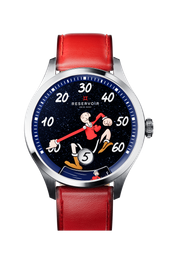 Wristwatch with red leather strap, animated character, dark starry background, "RESERVOIR", "SWISS MADE".