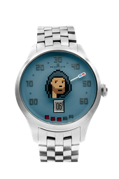 Wristwatch with metallic band, blue dial, pixel character, numbered face, date window, "RESERVOIR".