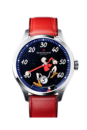 a watch with a mickey mouse face on a red strap