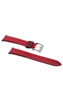 a red watch strap with a silver buckle