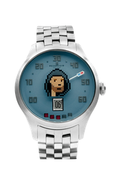 Silberne Armbanduhr mit blauem Zifferblatt, Pixelbild, arabischen Ziffern, Datumsfenster mit 6, &quot;RESERVOIR&quot;.