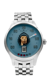 Silver wristwatch with blue dial, pixel image, Arabic numerals, date window showing 6, "RESERVOIR."