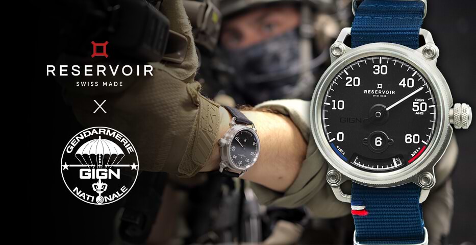 Close-up of a wristwatch with "RESERVOIR" and "GIGN," blue strap, GIGN logo, and tactical figure background.