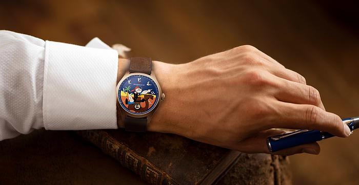 Wear a watch with Popeye the sailor man comics on the dial