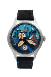 Wristwatch with animated character, cityscape background, black strap, blue stitching, "RESERVOIR".