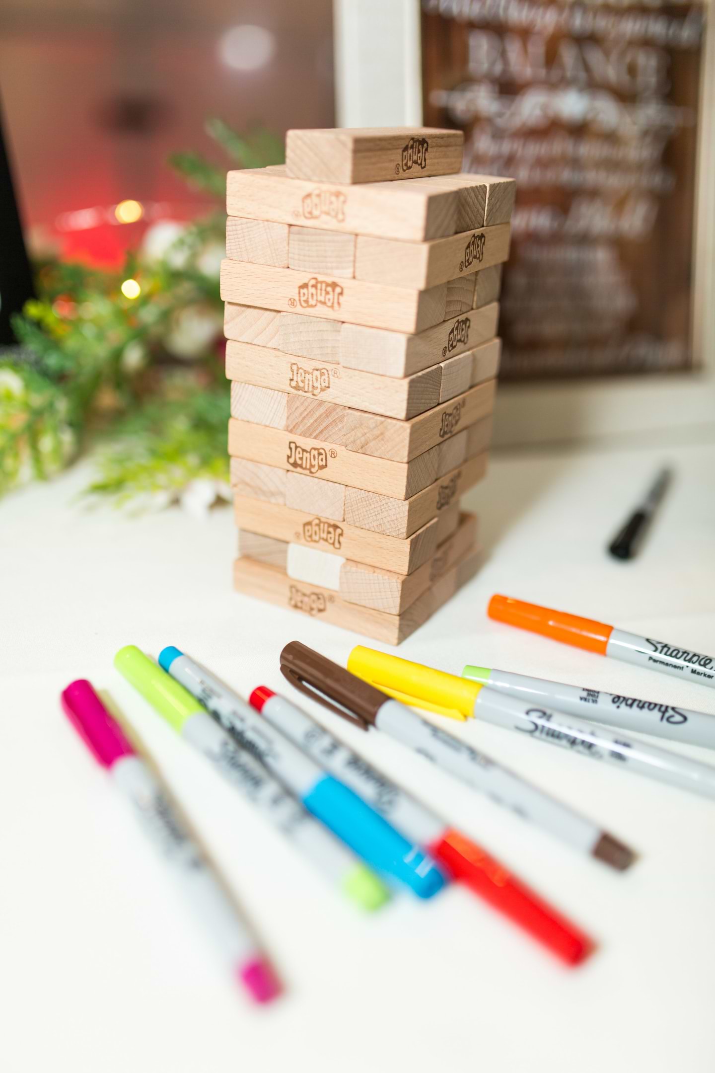 Jenga pieces used for wedding guests to sign in