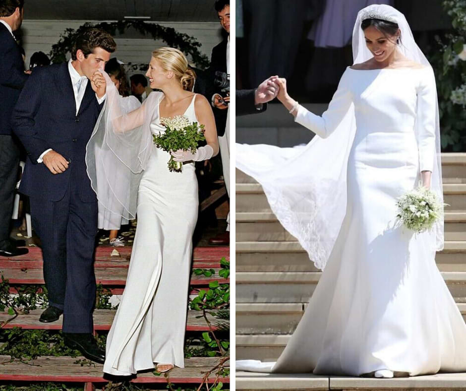 Carolyn Bessette-Kennedy and Meghan Markle in minimalist wedding dresses