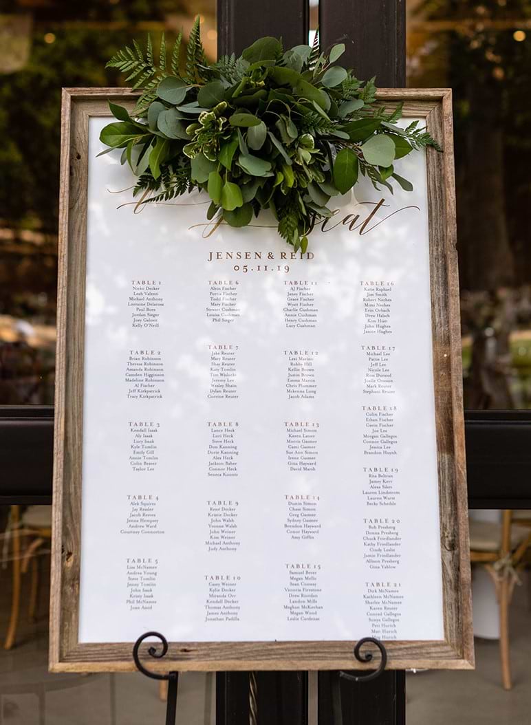wedding reception table assignment sign at Galway Downs