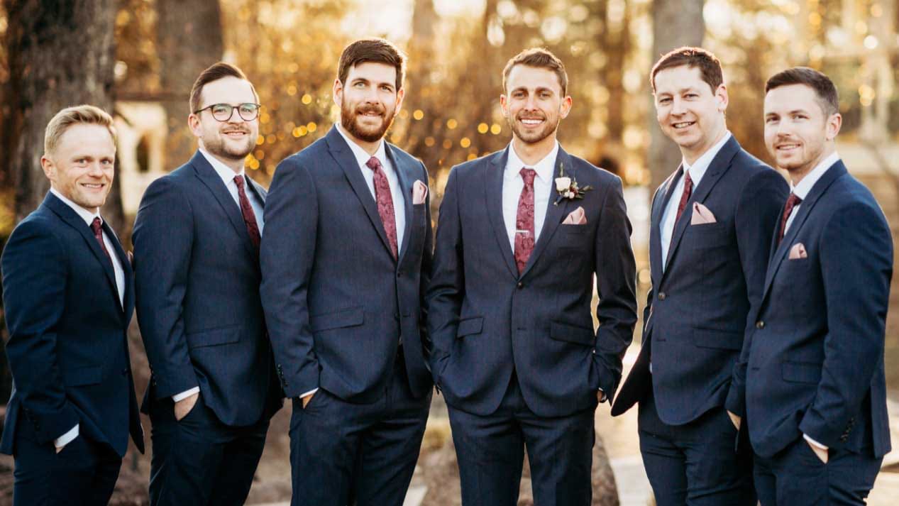 Dark Gray Suits & Maroon Paisley Ties for this Groom's Party