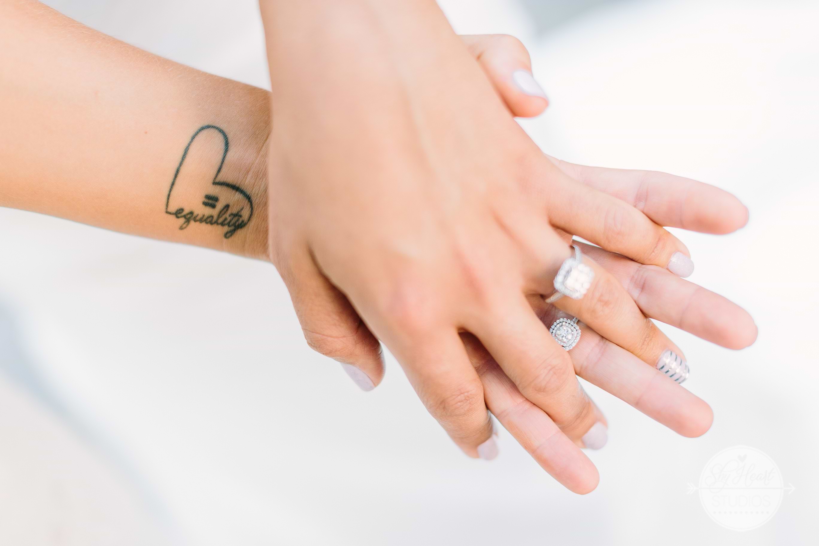 Closeup of two brides with wedding rings