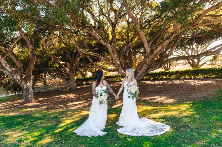 Brides Holding Hands Under Canopy of Trees - Carmel Fields by Wedgewood Weddings