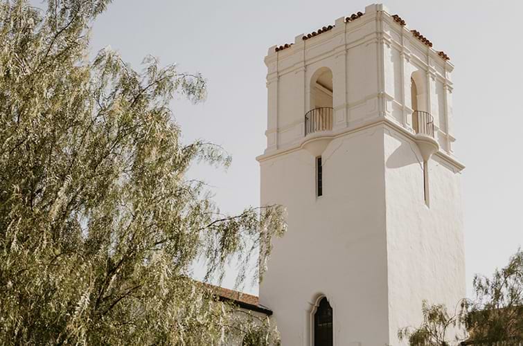 The picturesque mission-style tower at Fillmore Chapel