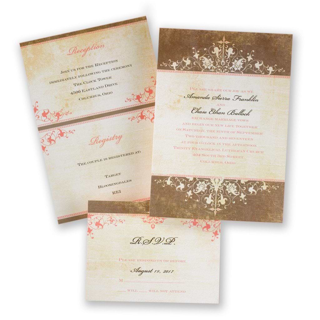brown and coral wedding invitations