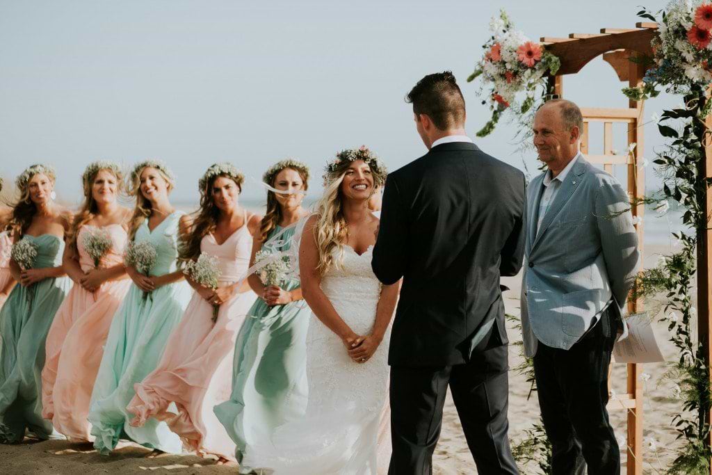 beach wedding bride groom bridal party turquoise and blush