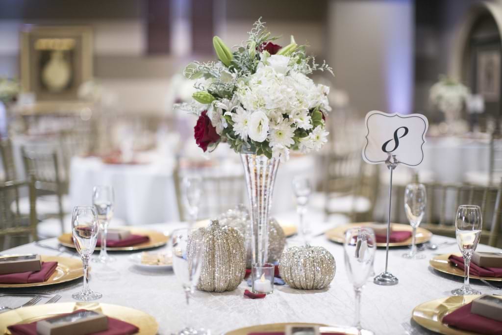 bordeaux and white wedding tablescape 