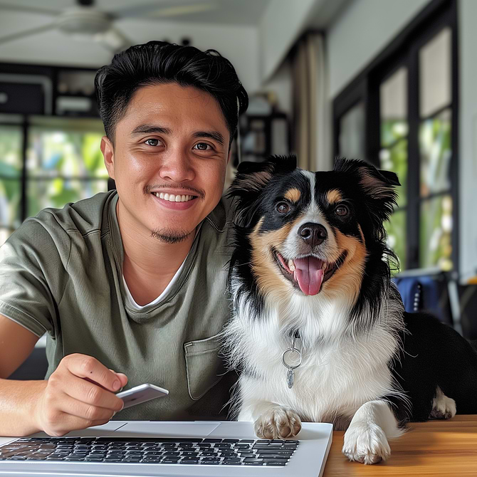  Male customer service agent working at his computer next to his dog 