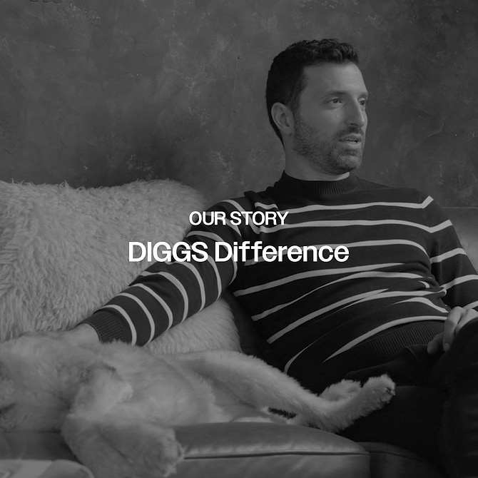  a man sitting on a couch wearing a striped shirt with text: "Our Story: DIGGS Difference" 