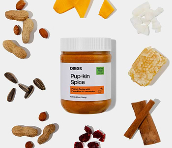  Pup-kin Spice Treat Spread on white background next to its ingredients (nuts, fruits, honey, pumpkin) 