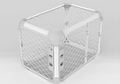 Diagonal front view of Evolv Dog Crate in Playpen Mode, with ceiling mesh removed and additional top frame added.