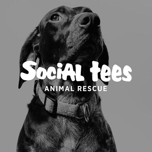  a black and white photo of a dog with the words social tees on it 