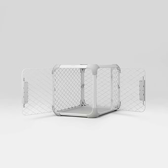  front view of Evolv dog crate with the front and side doors open on white background 