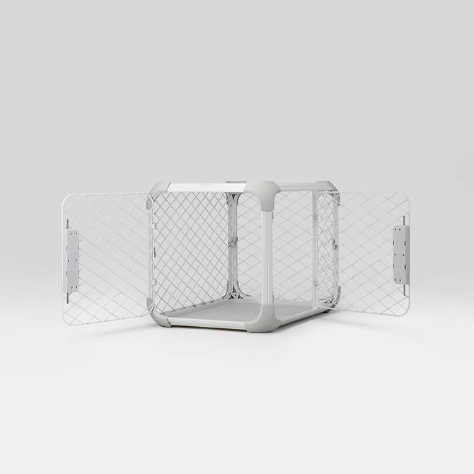  front view of Evolv dog crate with the front and side doors open on white background 