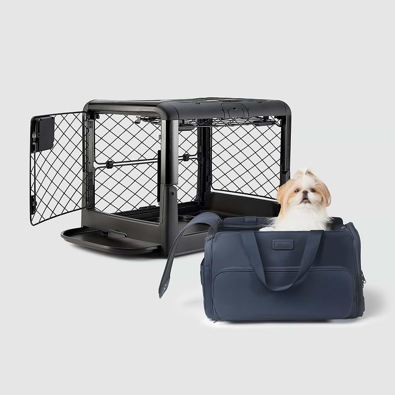 A small dog sitting in a Passenger pet carrier bag next to a dog crate