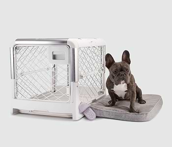  A dog sitting on a Snooz pad next to a Revol dog crate 