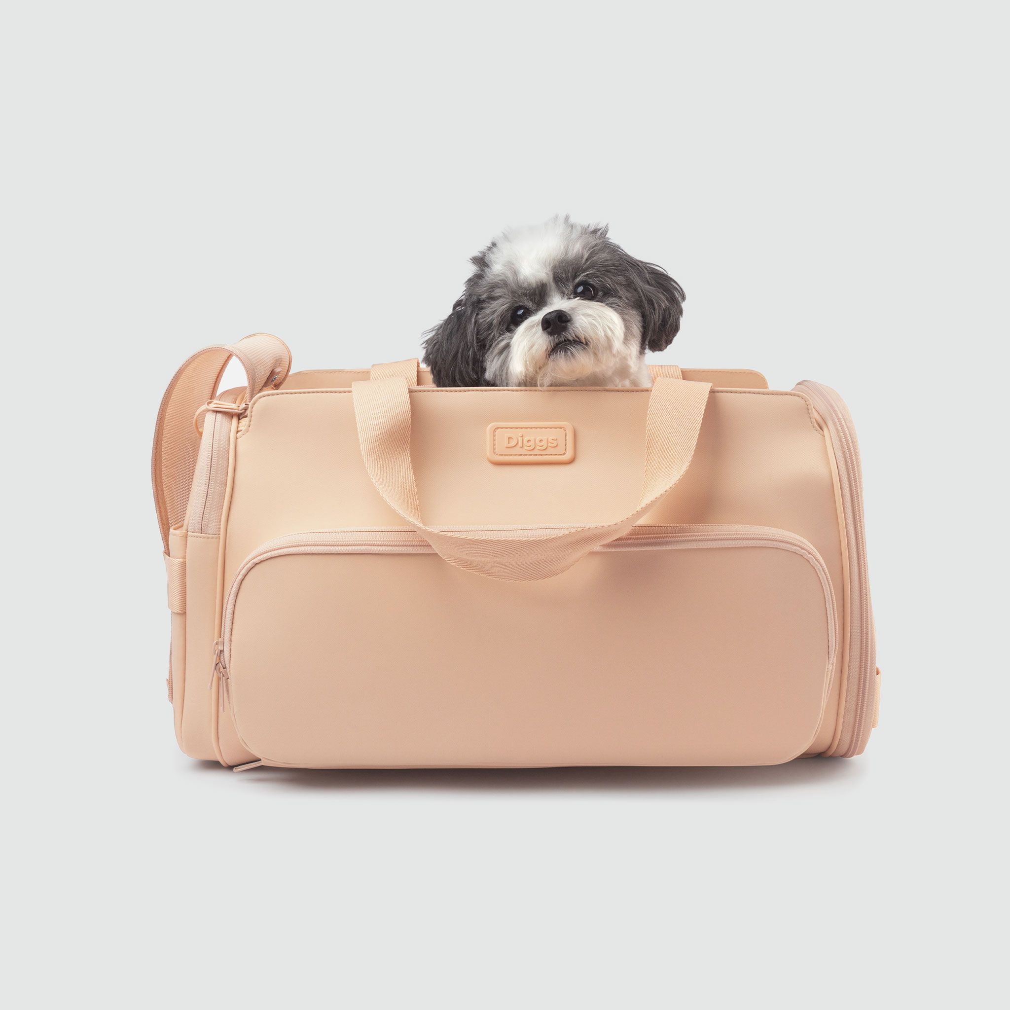 A small dog sitting inside of a pink Passenger pet carrier bag
