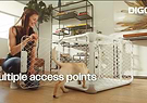 Woman next to a dog walking into an Evolv Dog Crate with the caption "Multiple access points"