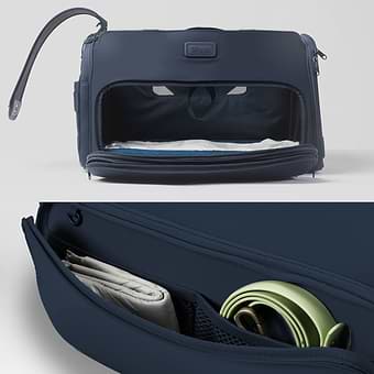Two images of a blue Passenger pet carrier bag with a strap
