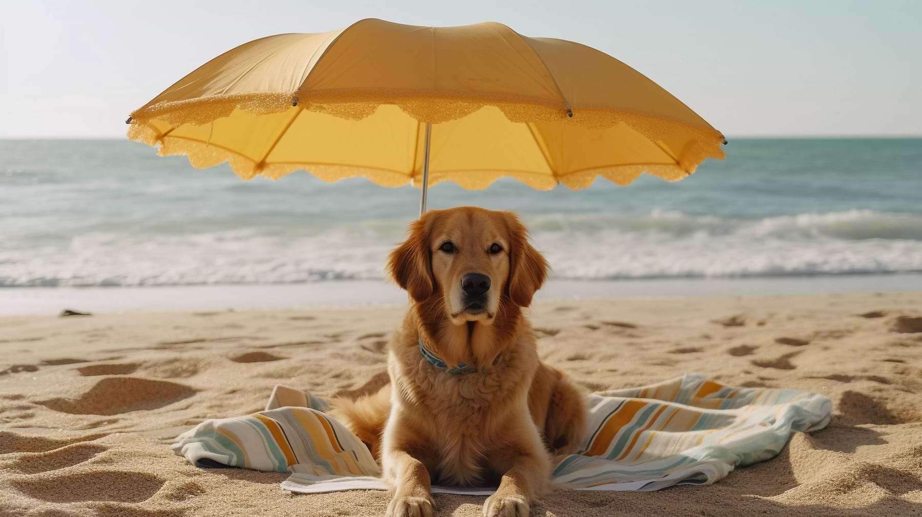 A dog laying on a blanket under an umbrella